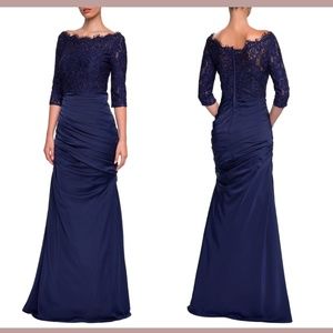 NWT $608 La Femme [ 10 ]‎ Sparkle Lace Trumpet Gown in Navy Blue